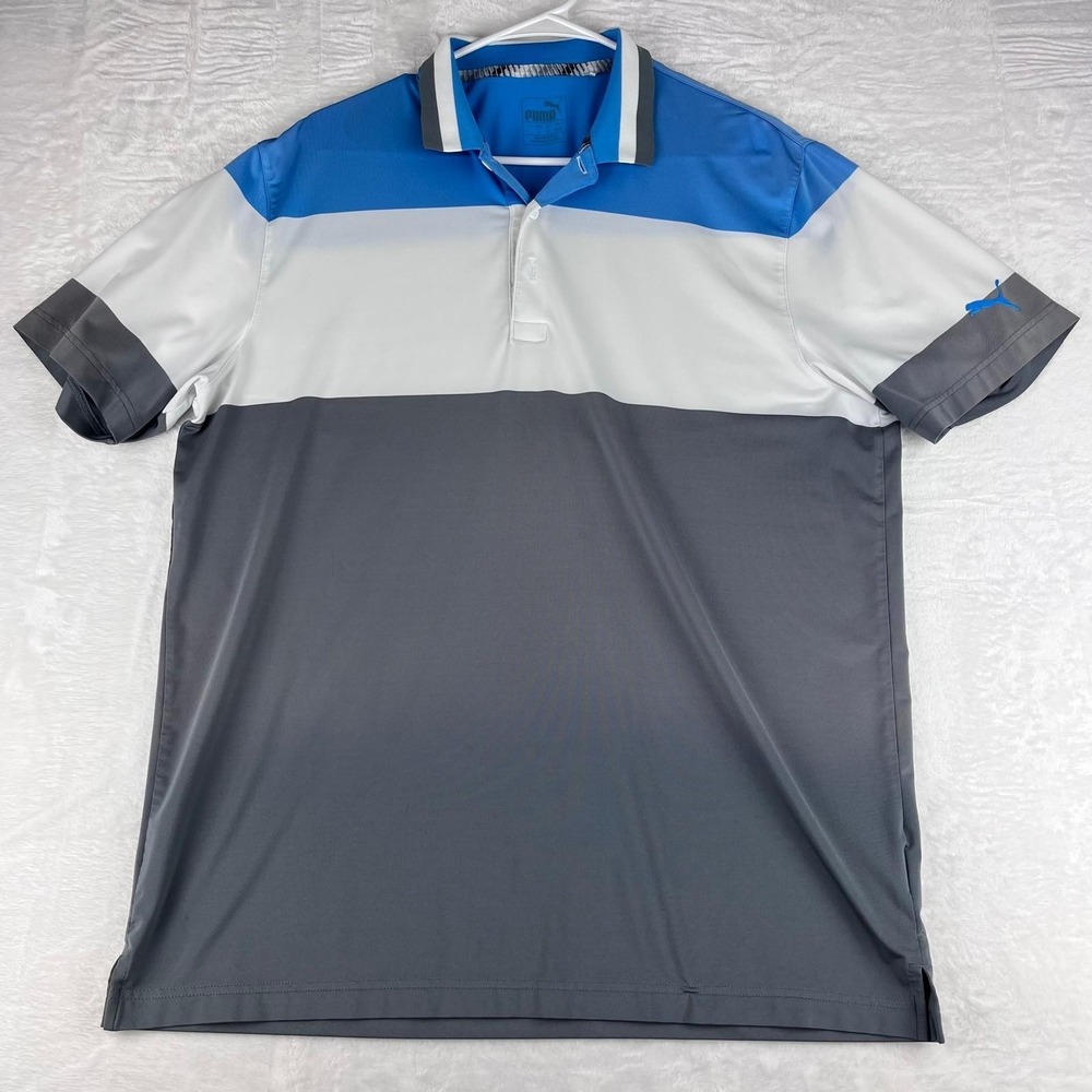 Puma Golf Performance Polo Shirt‎ Mens L Blue Gray Colorblock Short Sleeve